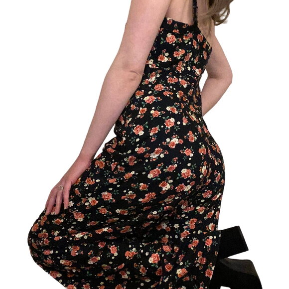 Farm Rio Jumpsuit Ditsy Floral Rose Print Wide Leg Cutout Bodice Black Womens 6 - Picture 8 of 10